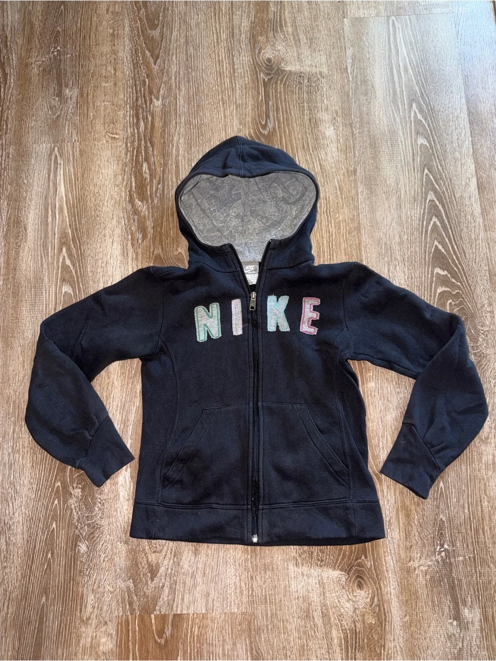 Vintage Y2K Nike Black Zip-Up Hoodie with Pastel Logo